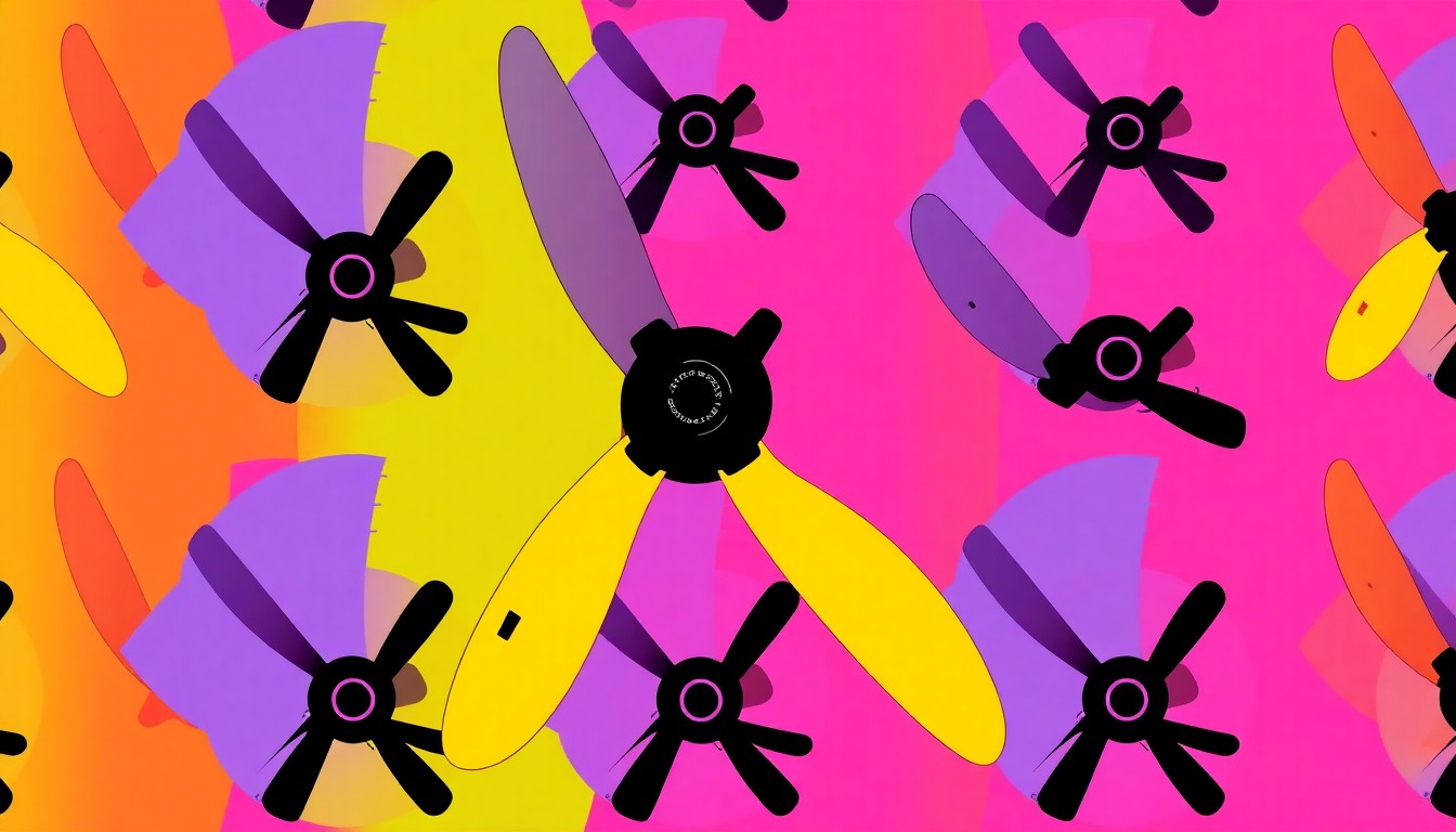 A high-contrast, silkscreen-style illustration of an aircraft propeller repeated in a vibrant grid pattern, capturing the pop art energy of the EAA's scholarship program supporting the future of aviation.