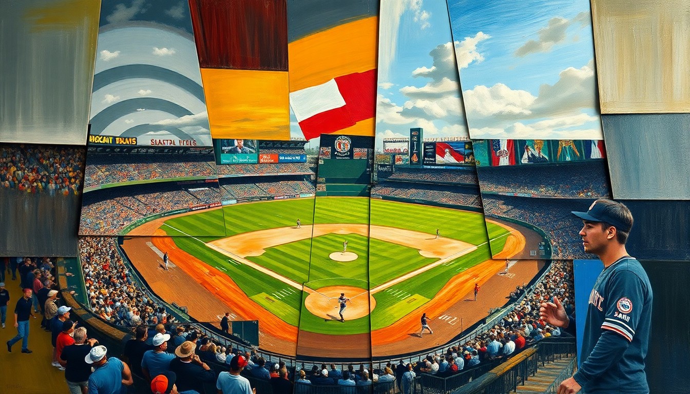 A fragmented, geometric painting depicting a baseball game or match, with sharp, overlapping planes of color and form capturing the dynamic action and energy of the sport.