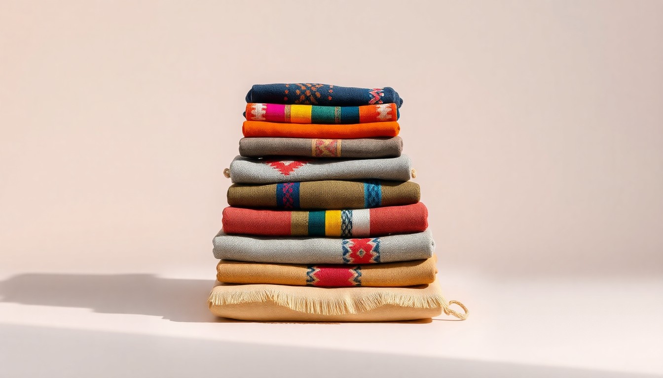 A photorealistic studio still life featuring a stack of colorful, handcrafted Indigenous fashion and design items arranged elegantly on a clean, monochromatic background, conceptually representing community empowerment and economic self-determination.