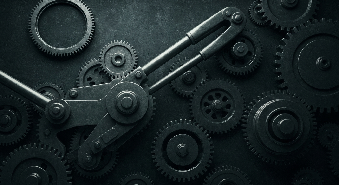 An extreme close-up of interlocking gears, levers, and other heavy industrial machinery in shades of silver, black, and steel blue, conceptually representing the financial infrastructure and technological backbone powering the growth of these three major tech companies.