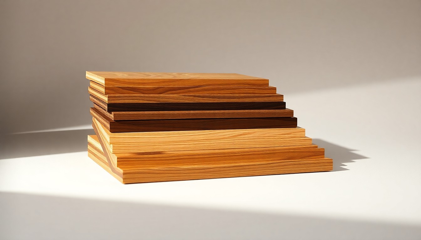A high-end studio still life photograph featuring a stack of premium, polished hardwood flooring samples in various wood grains and finishes, arranged elegantly on a clean, monochromatic background and using dramatic lighting to showcase the craftsmanship of Mohawk's products.