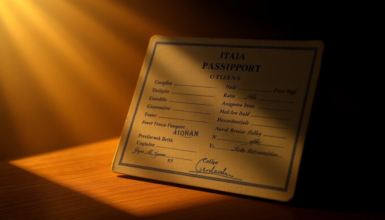 A detailed, realistic painting of an old Italian passport or citizenship document, its pages open and illuminated by warm, directional light, evoking a sense of personal history and the complex legacy of Italian immigration.