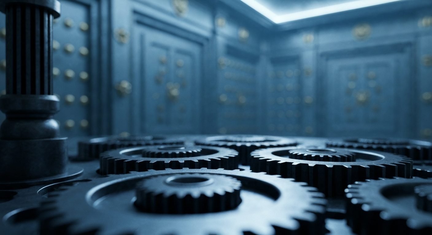 An extreme close-up of the heavy, industrial machinery and mechanisms of a bank vault door, dramatically lit against a dark background, representing the tangible financial security and stability that regional banks offer.