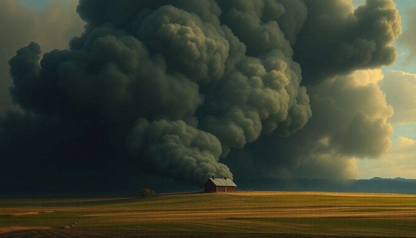 A vast, majestic landscape painting in the style of Caspar David Friedrich, depicting a massive, billowing plume of dark smoke rising from a distant barn, dwarfing the surrounding countryside and conveying a sense of melancholy and the overwhelming power of nature.