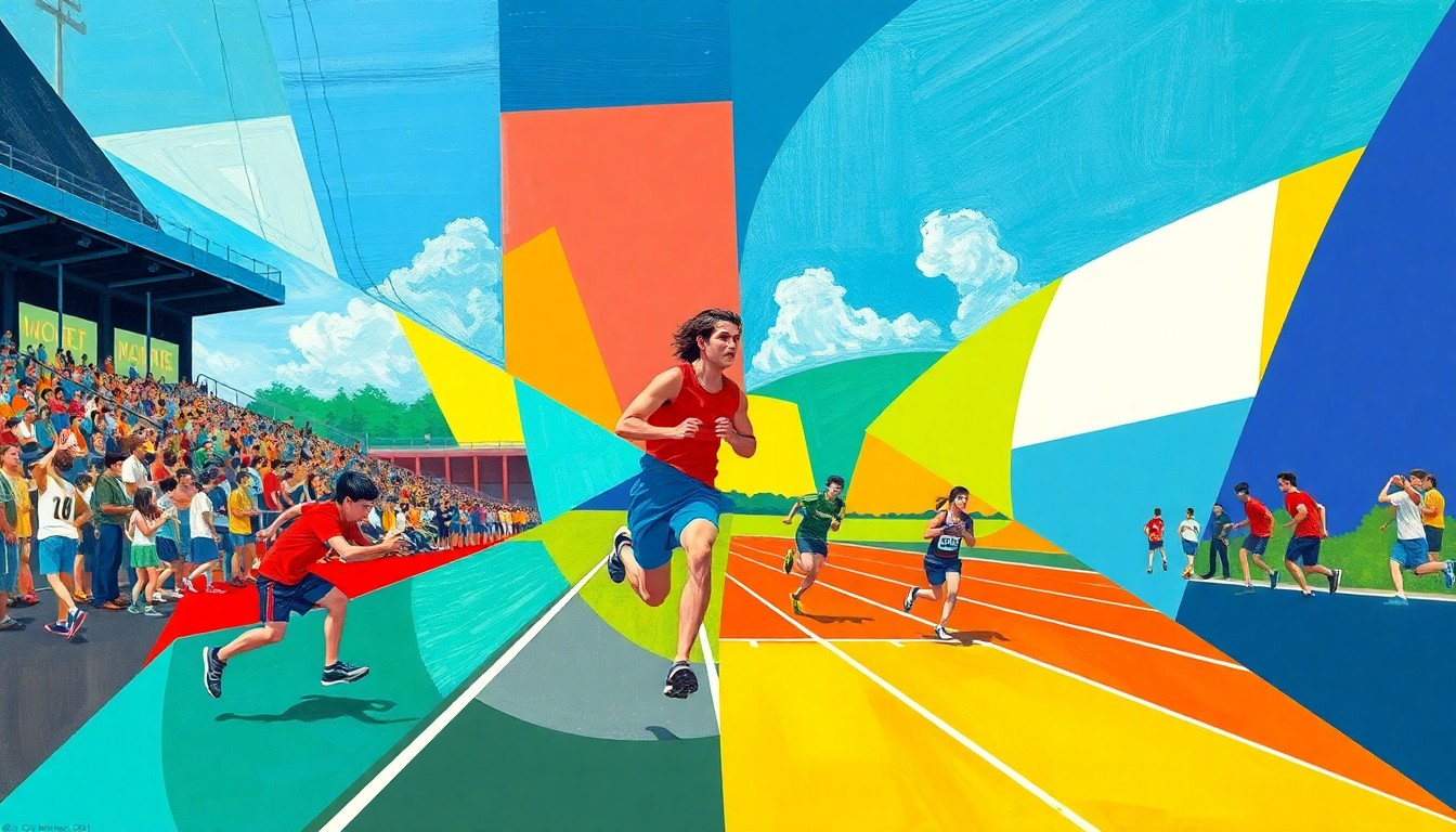 A fragmented, geometric painting in bold primary colors depicting the dynamic action of a track and field event, with figures and objects broken down into overlapping planes.