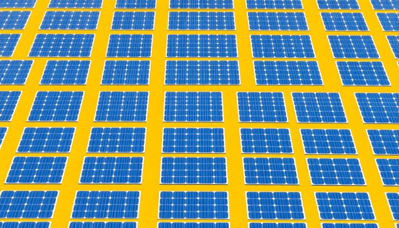 A vibrant, abstract silkscreen print featuring a repeated image of a solar panel in shades of blue, green, and yellow, conceptually representing the school district's renewable energy initiatives.