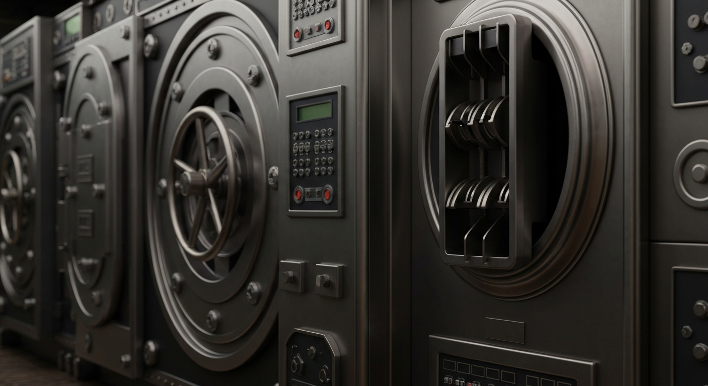 An extreme close-up of various heavy, metallic banking and financial equipment, such as vault doors, coin counters, and security systems, all in a dark, industrial color palette, conveying the tangible power and scale of the Musk family's cryptocurrency assets.