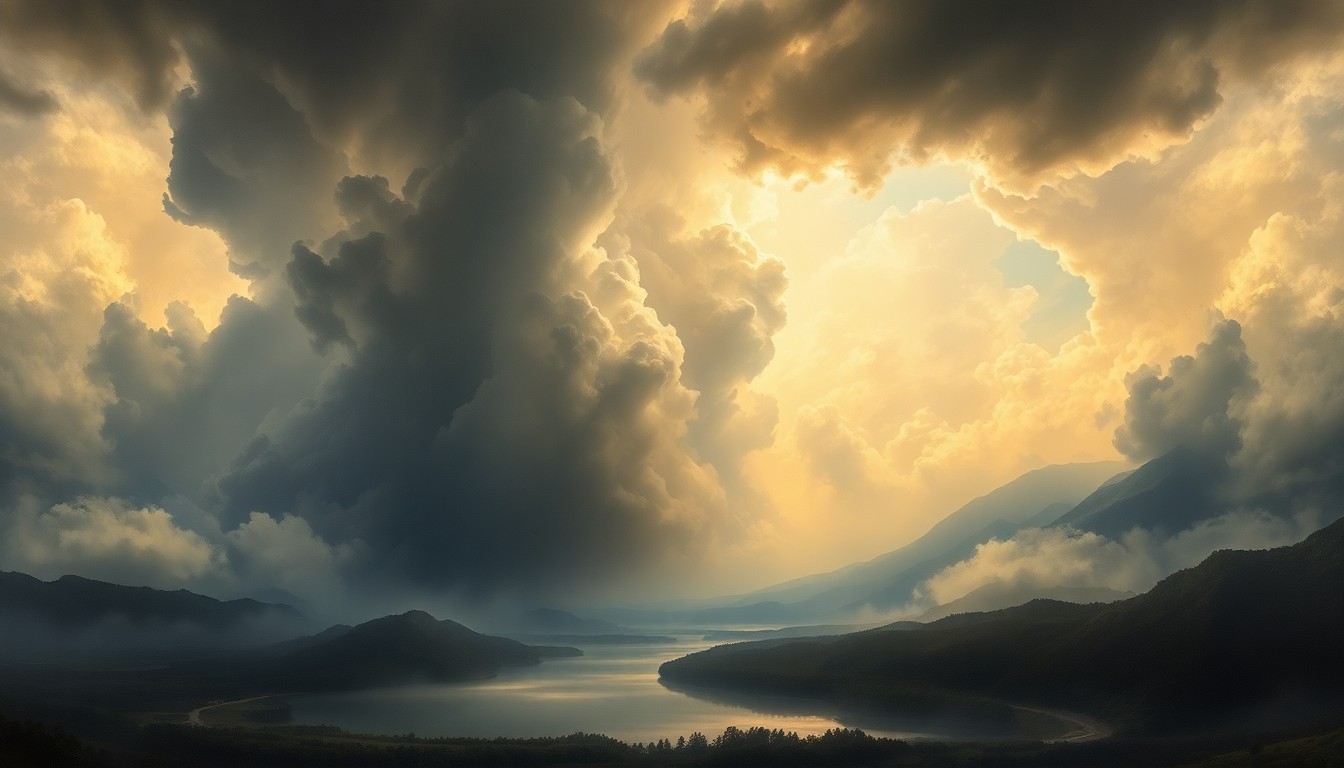 A sweeping, atmospheric landscape painting in muted tones of gray, blue, and green, depicting a serene river valley shrouded in heavy fog and dwarfed by towering, dramatic storm clouds, conveying the overwhelming power of nature.