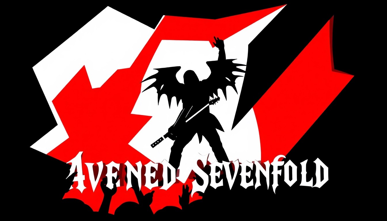 A bold, abstract illustration featuring jagged, geometric shapes in striking red and black, conceptually representing the energy and intensity of a heavy metal concert.