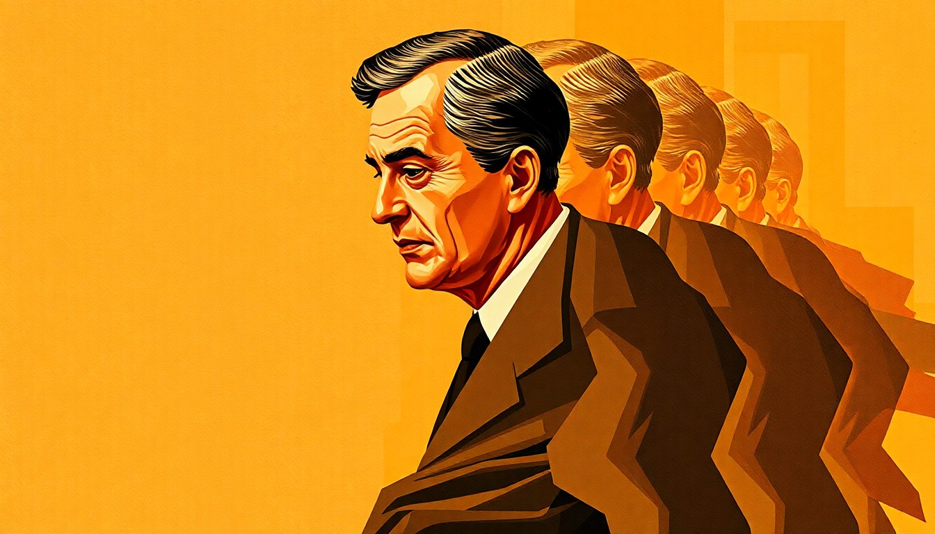 A vibrant, abstract painting featuring a political figure repeated in overlapping, fractured geometric shapes in warm earth tones, conveying a sense of motion and energy.
