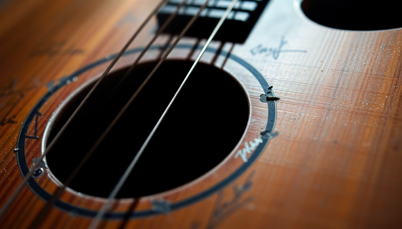 An extreme close-up photograph of the worn, textured surface of an acoustic guitar, with faded autographs visible under dramatic studio lighting, conceptually representing the rediscovery of this rare, signed instrument.