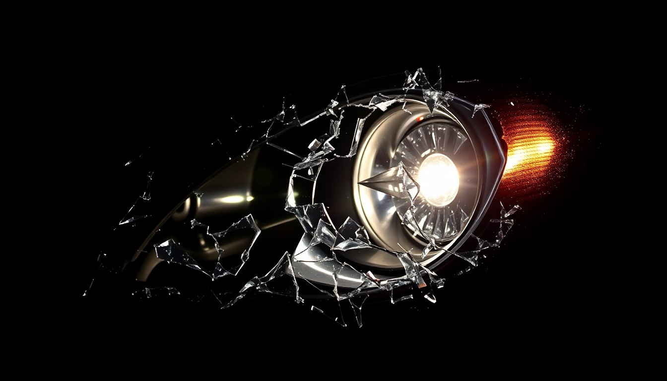 An extreme close-up photograph of a shattered car headlight lens, the broken glass and twisted metal conceptually representing the aftermath of a serious intersection crash.