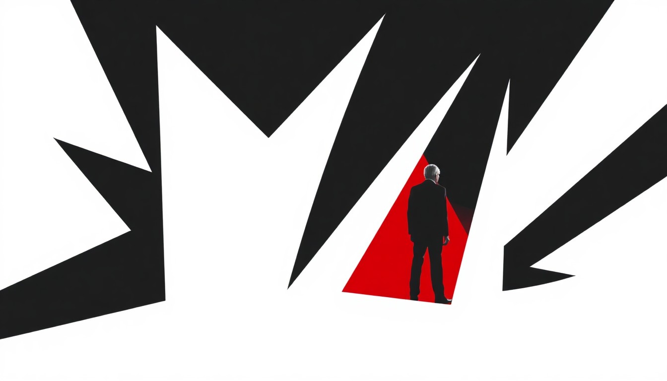 An abstract, minimalist illustration featuring bold, jagged black silhouettes against a stark white background, with splashes of bright red, conceptually representing the supernatural elements and senior citizen characters of the new series The Boroughs.