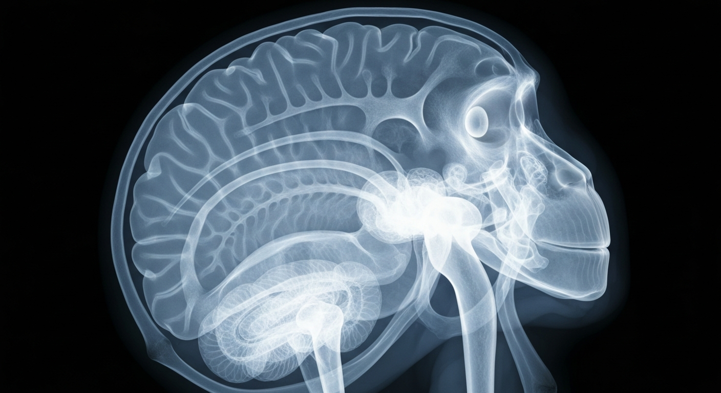 A ghostly, translucent X-ray image shows the intricate structure of a monkey's brain, conceptually representing allegations of mistreatment in neuroscience experiments.