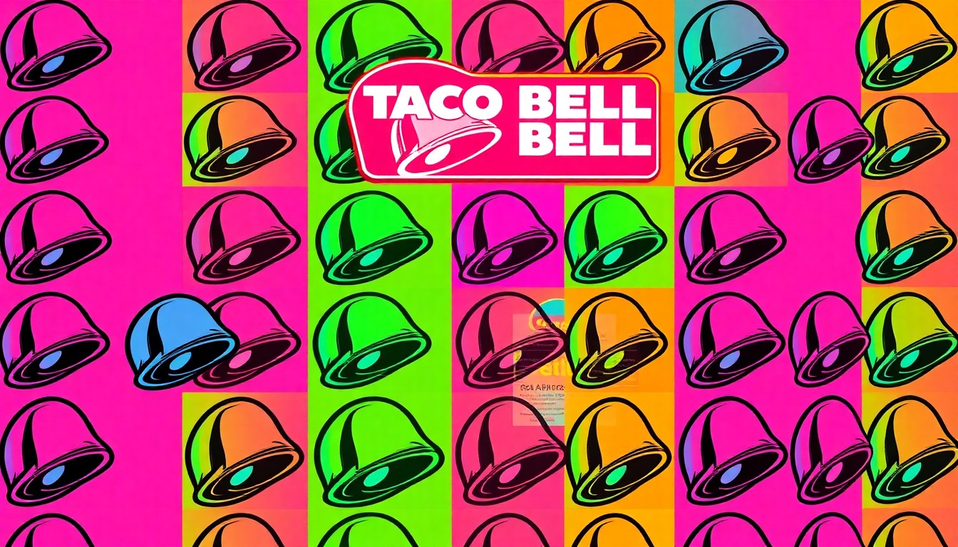 A vibrant, high-contrast silkscreen print featuring a repeated pattern of a classic Taco Bell drive-thru menu board, rendered in a bold, pop art style with overlapping neon colors and heavy black outlines.