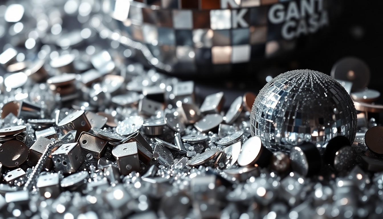 An abstract close-up image featuring a dazzling array of reflective sequins and shimmering disco ball shards, captured with dramatic studio lighting to evoke a sense of high-fashion glamour and celebratory energy.