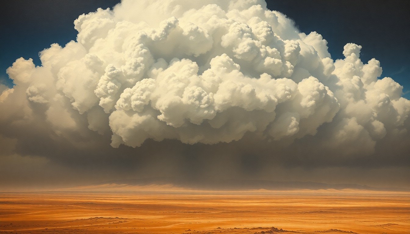 A sweeping, atmospheric landscape painting in muted earth tones, with a massive, swirling cloud formation dominating the skyline over a desolate desert expanse, conveying the raw, sublime power of a natural disaster.