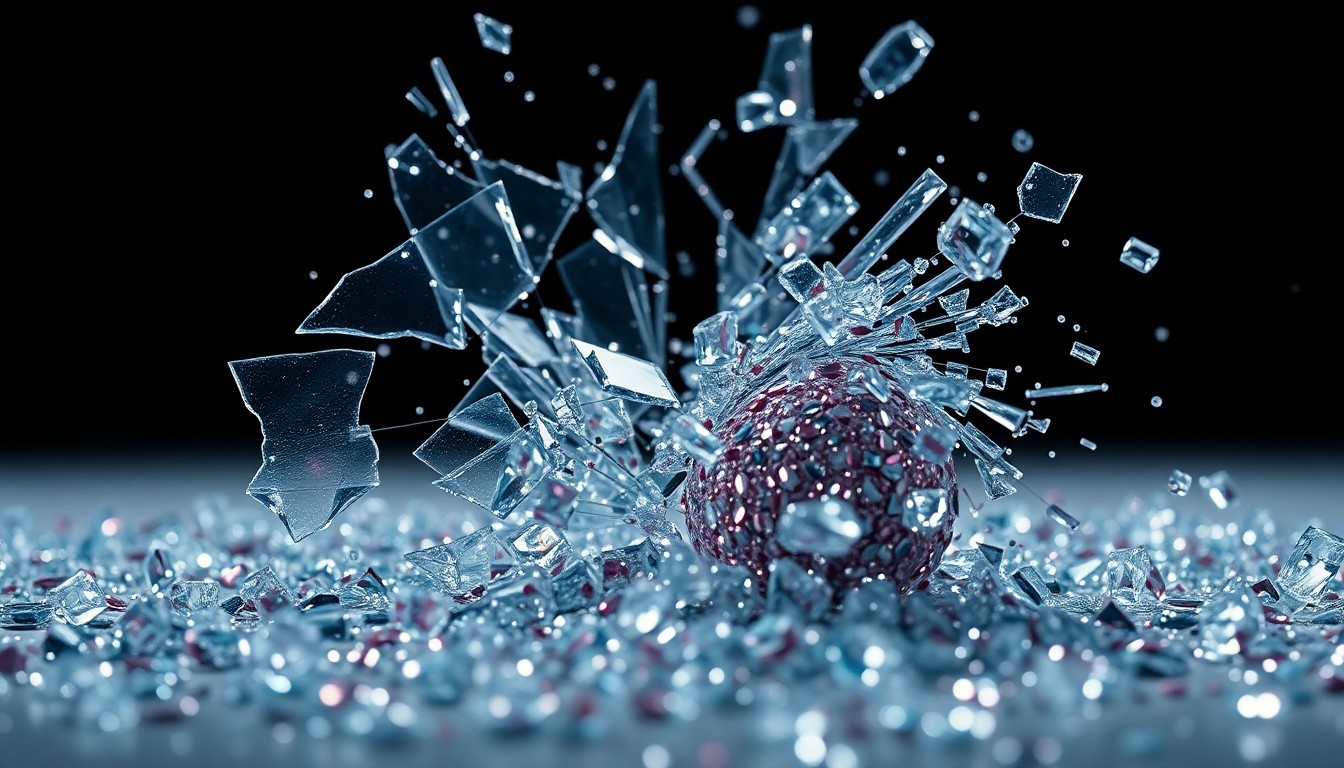 An abstract close-up image of shattered glass and glittering sequins, capturing the fragility and glamour of celebrity relationships.