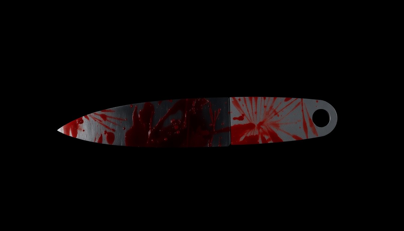 An extreme close-up of a bloodied box cutter against a pitch-black background, conveying the sudden and serious nature of the fatal fight.