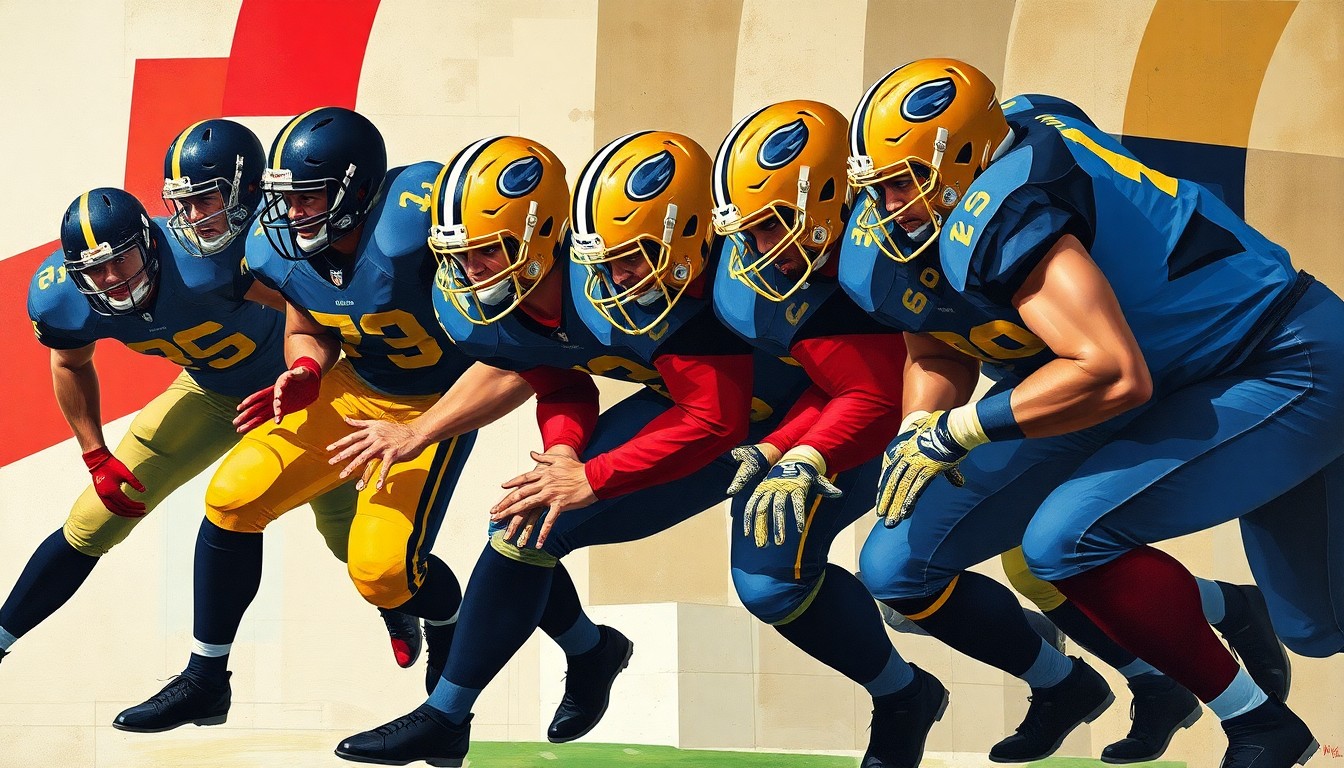 A fractured, geometric painting depicting an NFL offensive line, with players' bodies and equipment broken down into overlapping planes of dark blue, gold, and red, conveying the strategic complexity of the position.