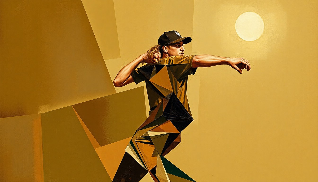 A fractured, cubist-style painting depicting the motion of a baseball pitcher, with sharp geometric planes in muted earth tones capturing the raw energy and movement of the sport.