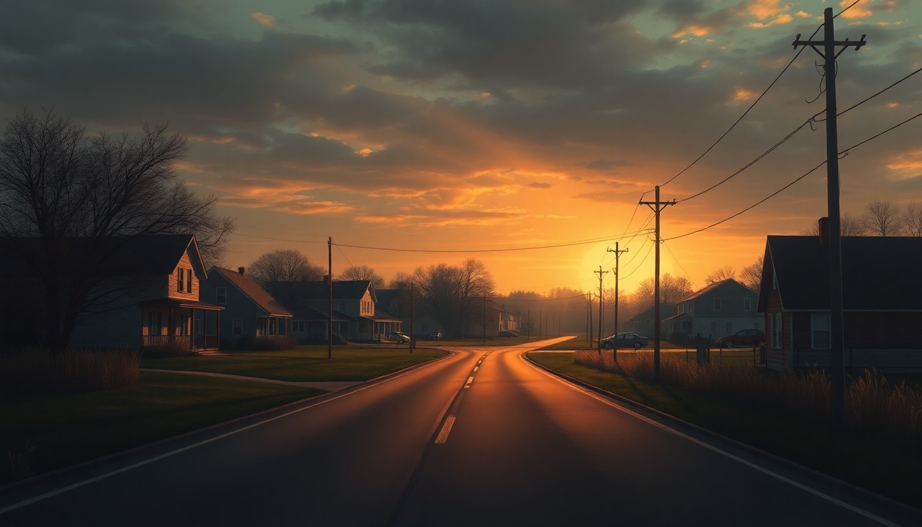 A serene, painterly scene of a rural road cutting through a small Midwestern town, with warm sunlight and deep shadows creating a nostalgic, cinematic mood.