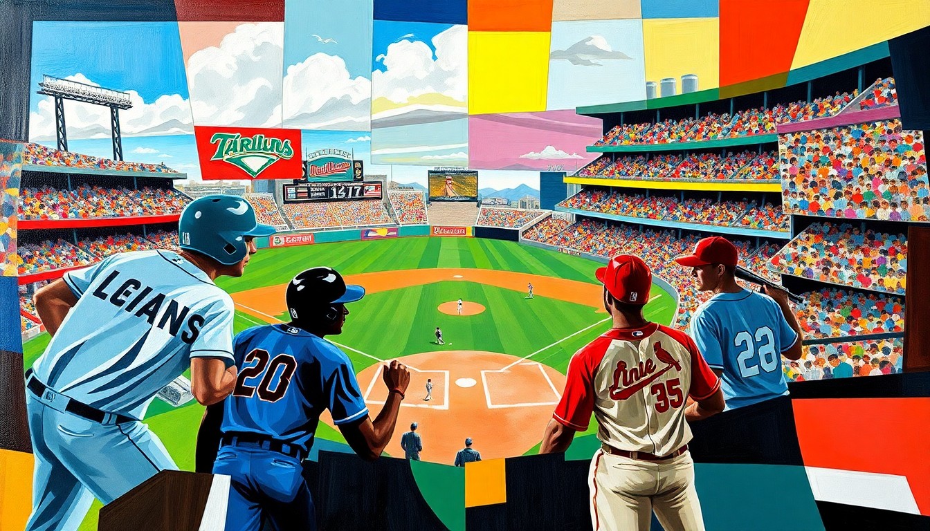 A cubist, geometric painting depicting the baseball game between the Guardians and Cardinals, with sharp, overlapping planes of vibrant colors representing the players, stadium, and action on the field.