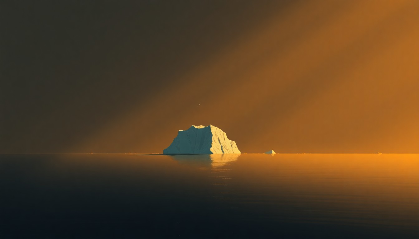 A serene, photorealistic painting of a solitary iceberg floating in a calm, reflective ocean, bathed in warm, golden light and deep shadows, conveying a sense of Greenland's remote, untouched natural beauty and the island's geopolitical significance.