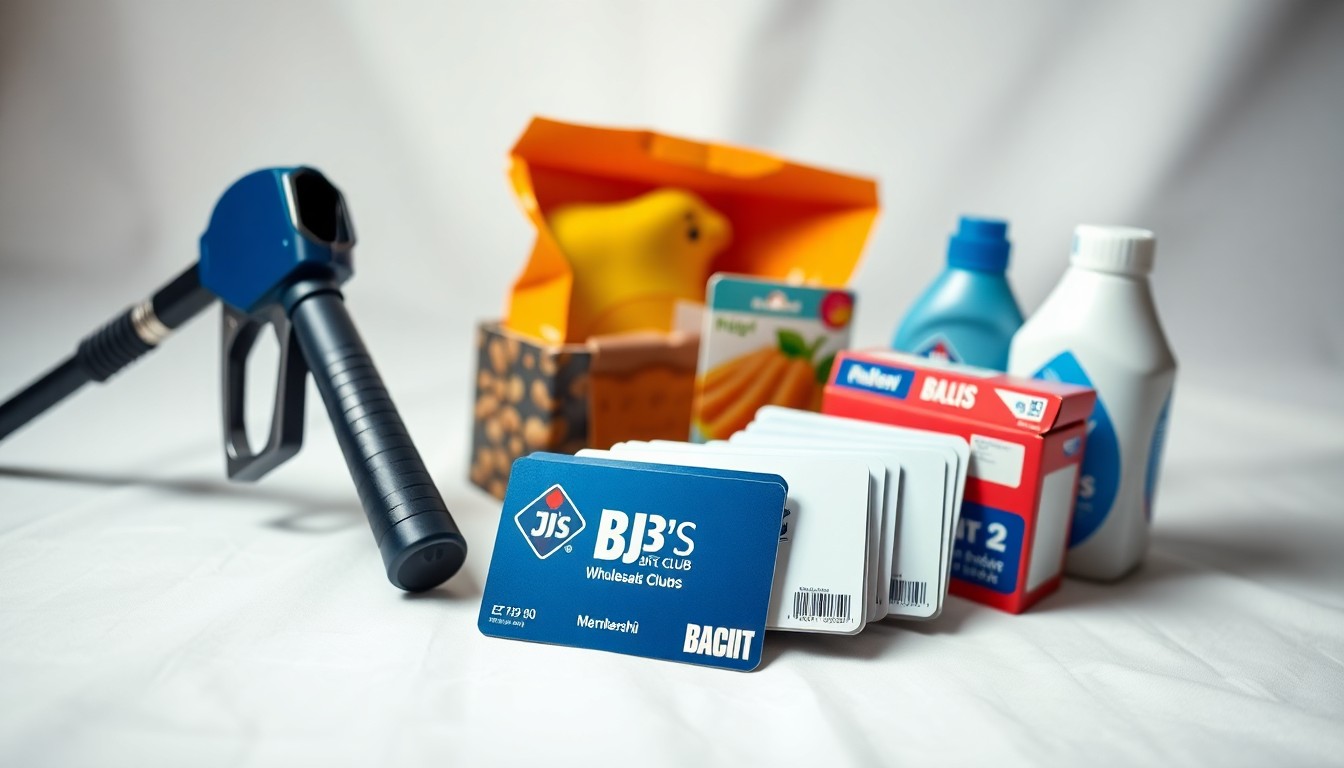A photorealistic studio still life featuring a stack of BJ's Wholesale Club membership cards, a gas pump nozzle, and everyday household items like cereal and laundry detergent, all arranged elegantly on a clean white background to symbolize the savings and convenience of the new club.