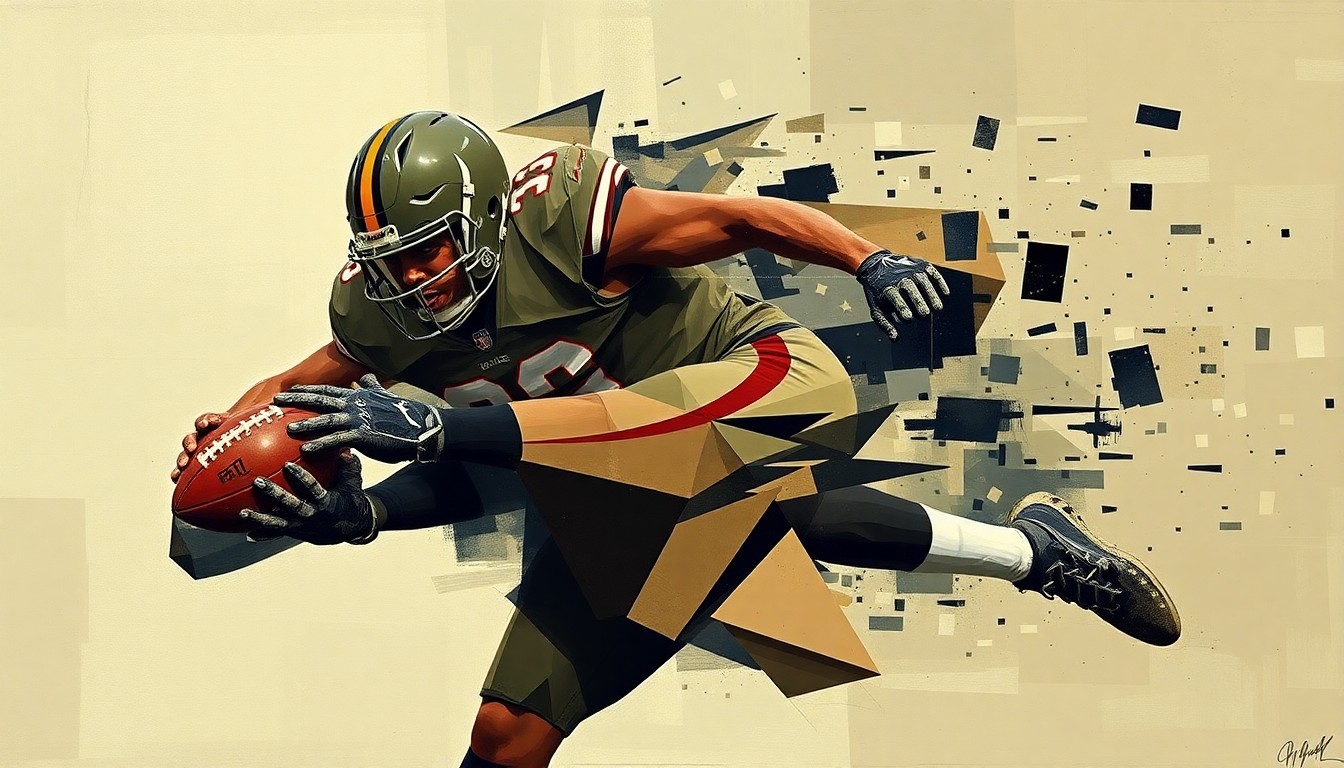 A fragmented, geometric painting depicting a football player taking a hard hit, with sharp planes of muted earth tones conveying the raw physicality and unpredictability of the sport.