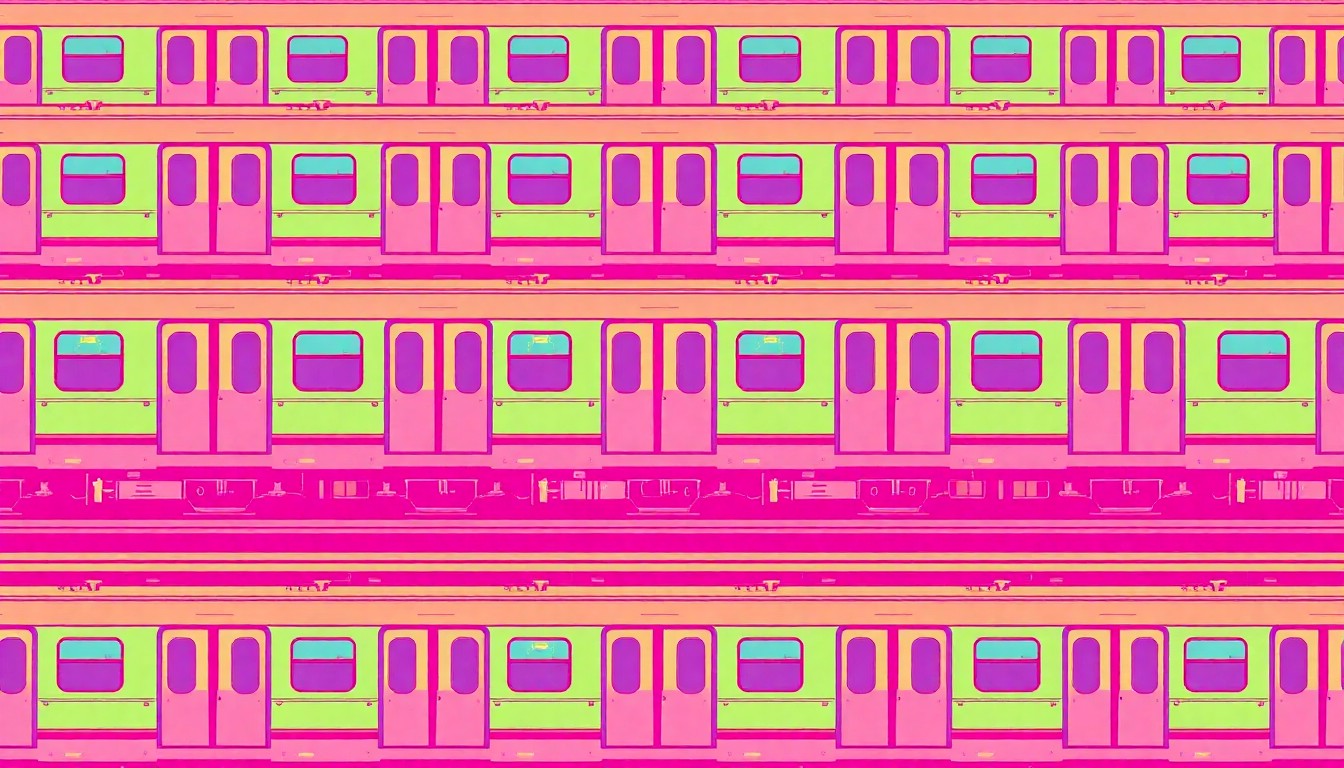 A vibrant, high-contrast silkscreen illustration of a Chicago 'L' train car repeated in a grid pattern, capturing the energy and urgency of the city's public transportation system.