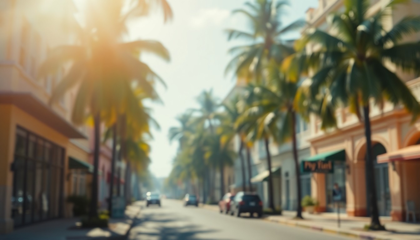 An abstract, impressionistic photograph of a Miami street scene, with palm trees, pastel-colored buildings, and sunlight blending into a soft, hazy wash of warm colors and gentle shapes.