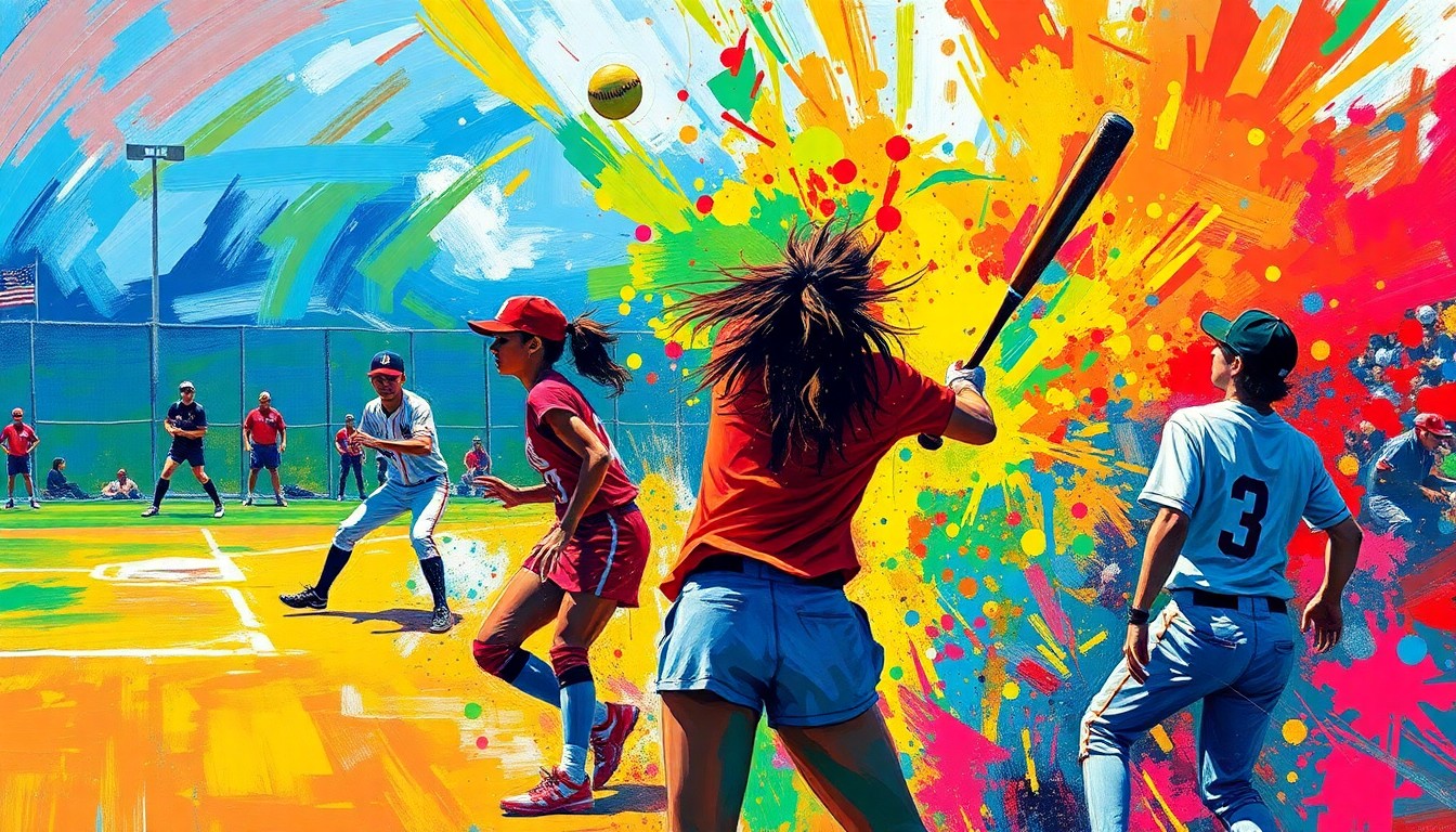 A vibrant, textured painting in neon colors with rapid brushstrokes depicting the frenzied action of a high school softball game, with players' forms dissolving into abstract splashes of paint.