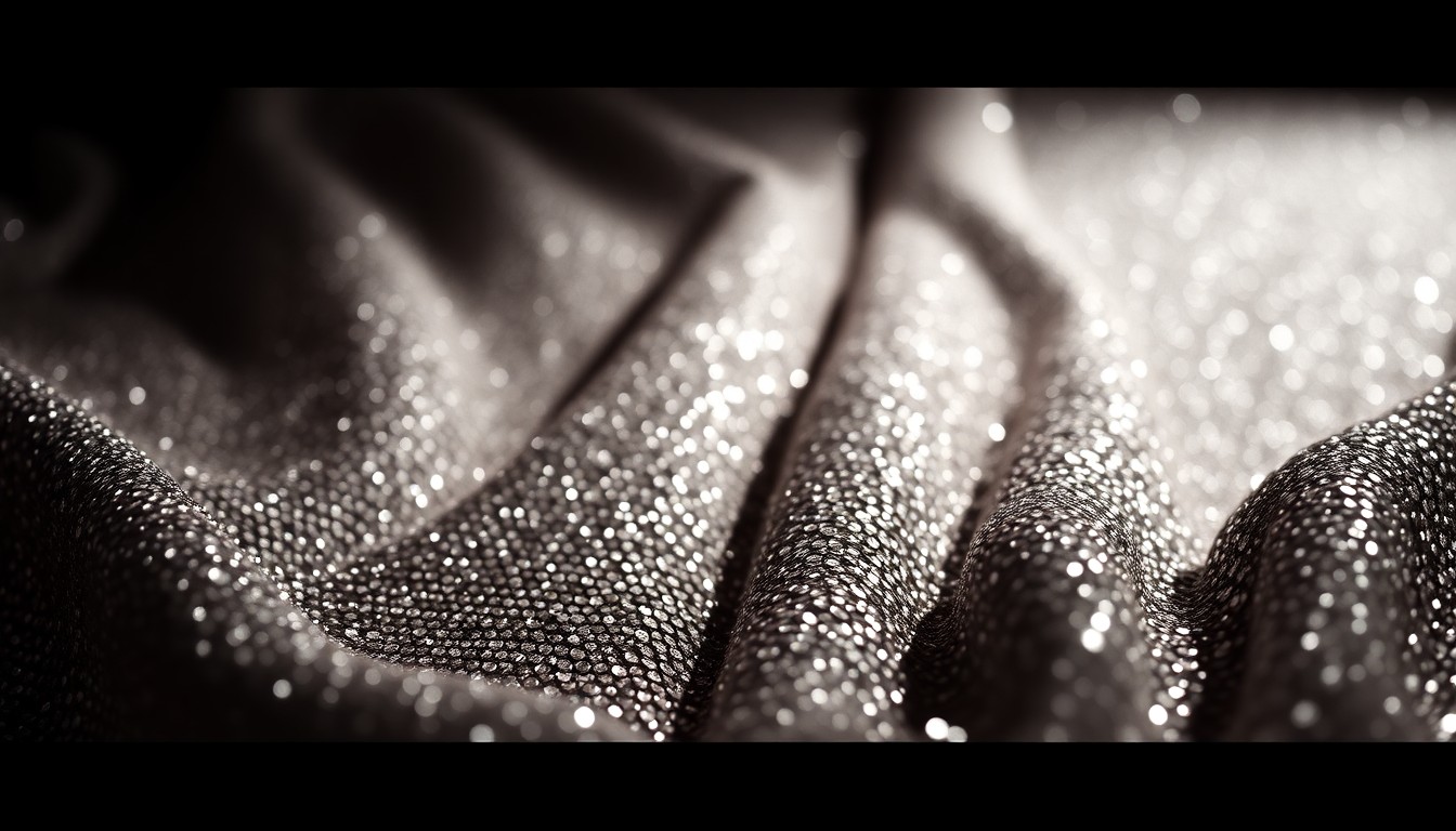 An extreme close-up of shimmering, glittering sequins reflecting dramatic studio lighting, conceptually representing the glossy veneer of Mother Mary's high-fashion aesthetic.