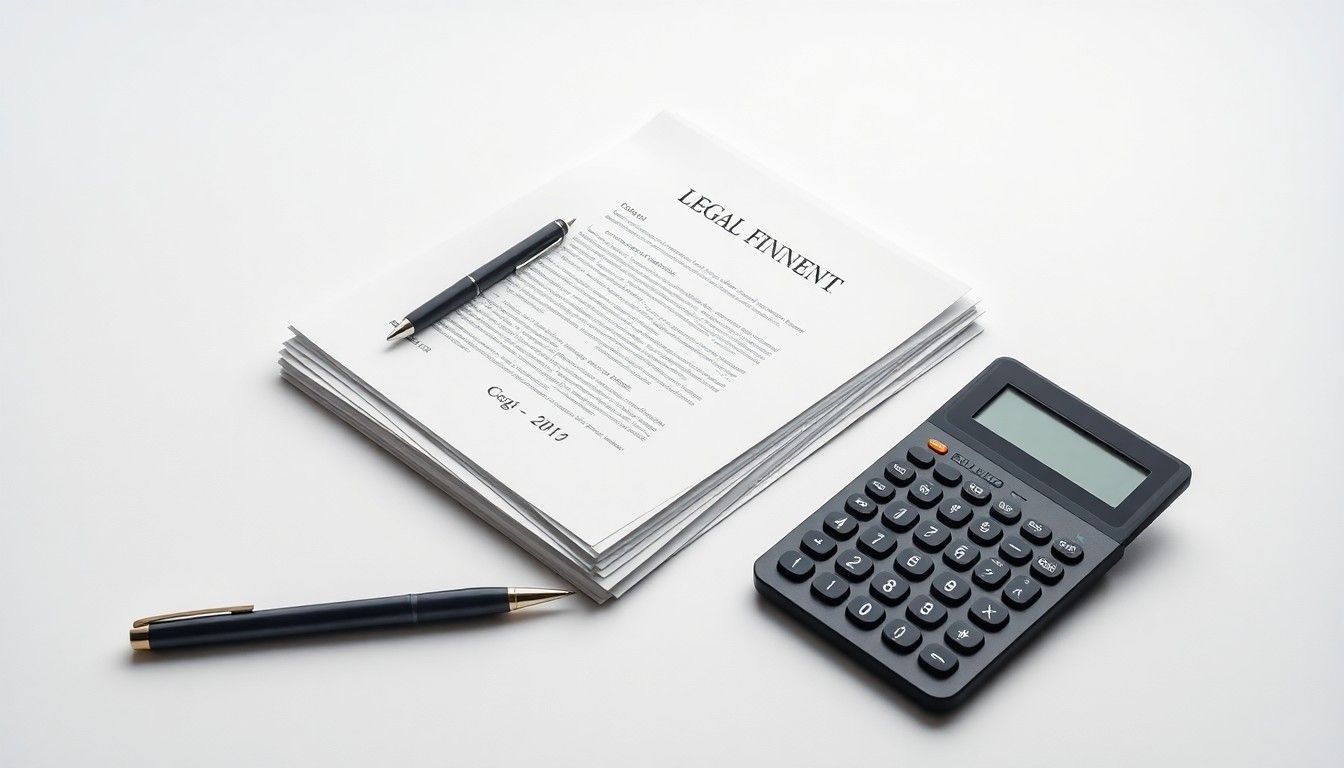 A minimalist studio still life photograph featuring a stack of legal documents, a pen, and a calculator arranged on a clean white background, symbolizing the abstract concepts of corporate finance, risk, and legal proceedings.