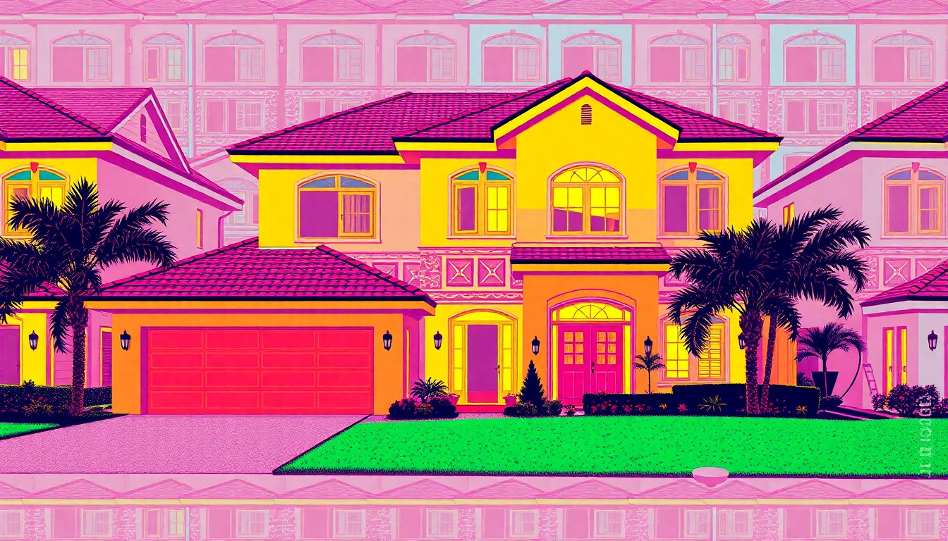 A brightly colored, silkscreen-style illustration of a suburban home exterior, repeated in a grid pattern with bold black outlines and neon color overlays, conceptually representing the luxury and modernity of homes in The Colony, Texas.