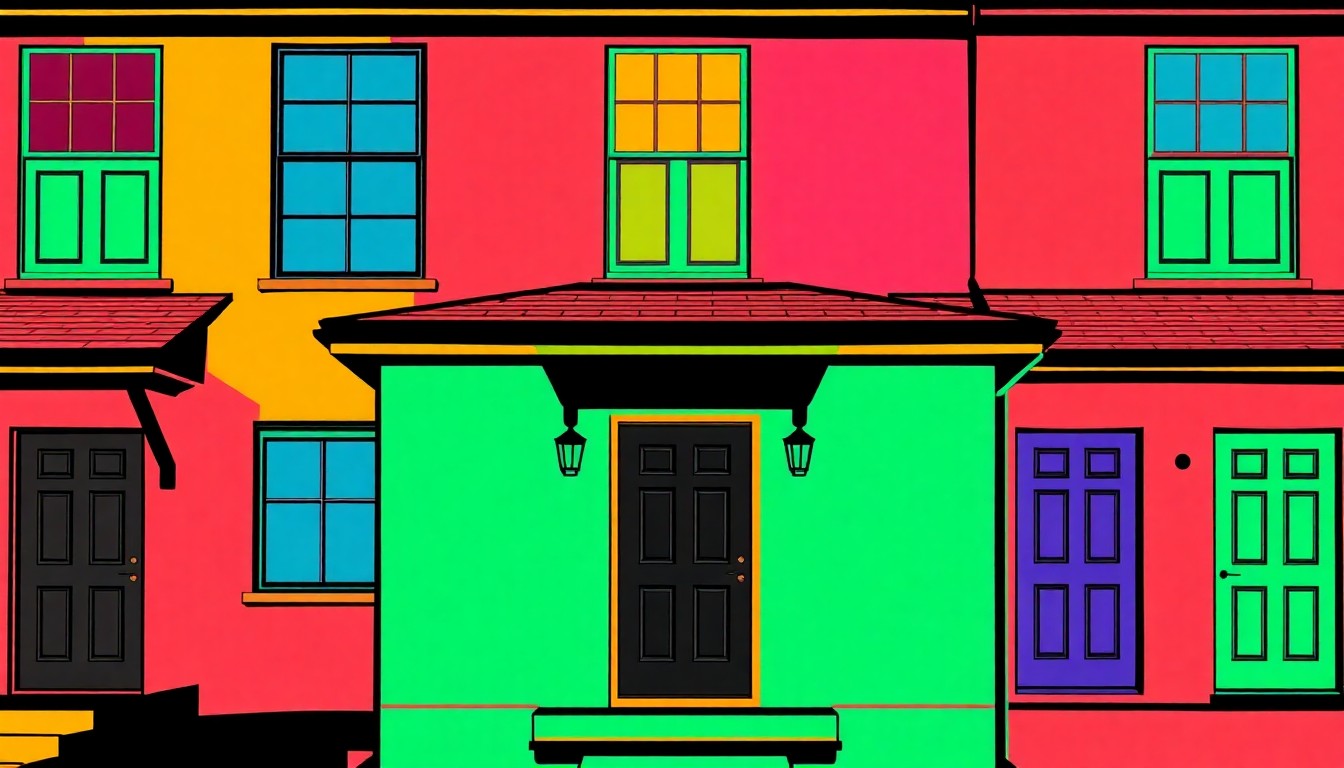 A brightly colored, high-contrast silkscreen print of a single, iconic home exterior feature repeated in a tight grid pattern, using flat, vibrant neon colors and heavy black outlines to transform an everyday residential element into modern pop art.