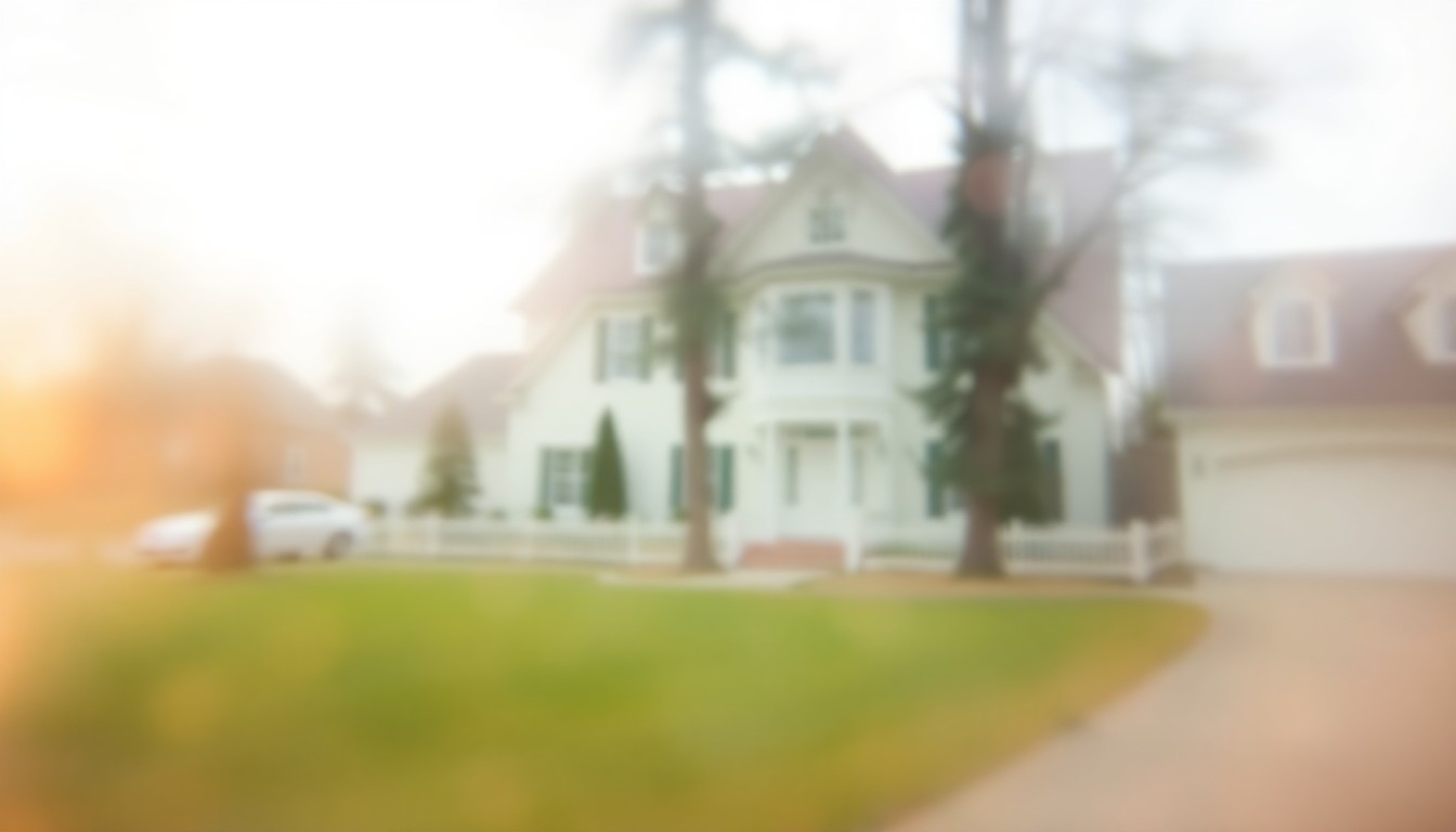 An abstract, out-of-focus photograph in warm tones showing the blurred exterior of a large, two-story home with a manicured lawn and trees in the background, conceptually representing the luxury real estate market in Virginia Beach.