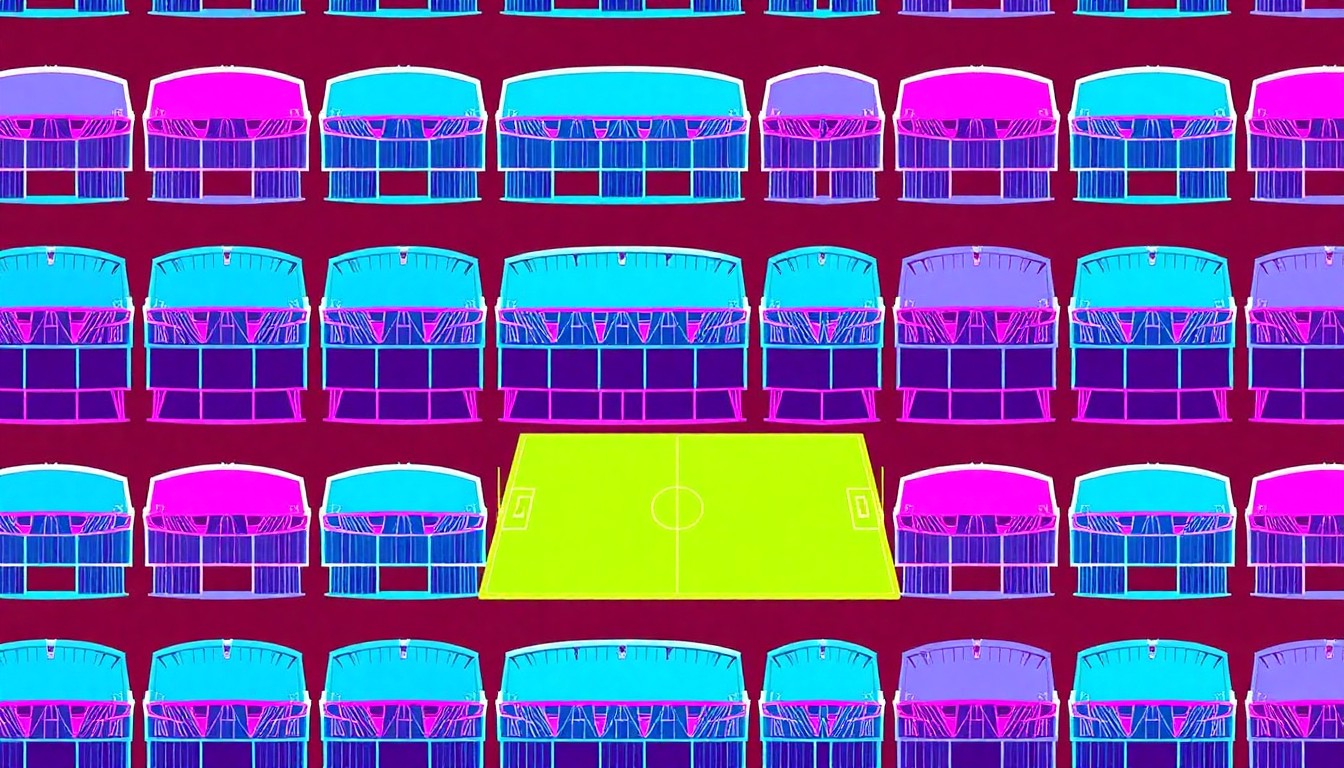 A highly stylized, repeating pattern of a simple football stadium icon rendered in bright, neon-like colors, conceptually representing the conflict between a school's expansion plans and a neighborhood's resistance to change.