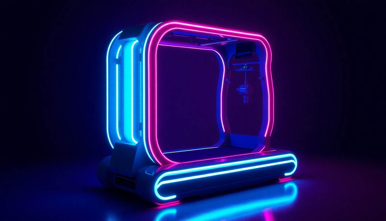 A highly detailed, glowing 3D illustration of the Virtuix Omni One virtual reality treadmill system, with neon cyan and magenta lights illuminating the physical hardware components, conceptually representing the system's potential to enhance movement-based therapy and training.