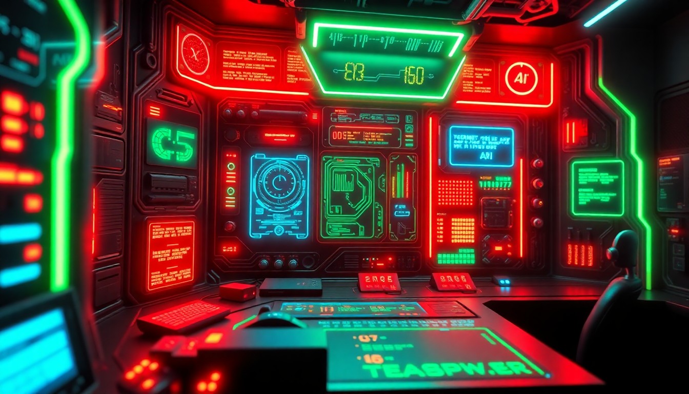 A highly detailed, glowing 3D illustration of a futuristic AI control panel with pulsing neon lights, intricate circuitry, and a sense of power and complexity, conceptually representing the multilayered safeguards involved in advanced AI systems.