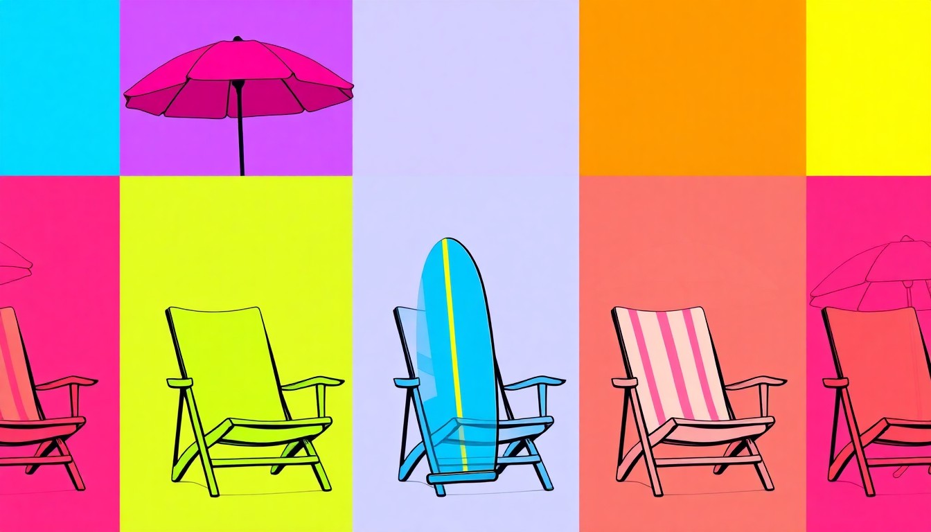 A bold, graphic illustration featuring a repeated pattern of a single iconic beach item, such as a colorful beach chair or surfboard, rendered in a high-contrast, silkscreen style reminiscent of Andy Warhol's pop art, capturing the energy and appeal of a new luxury condo in a popular New Jersey beach town.