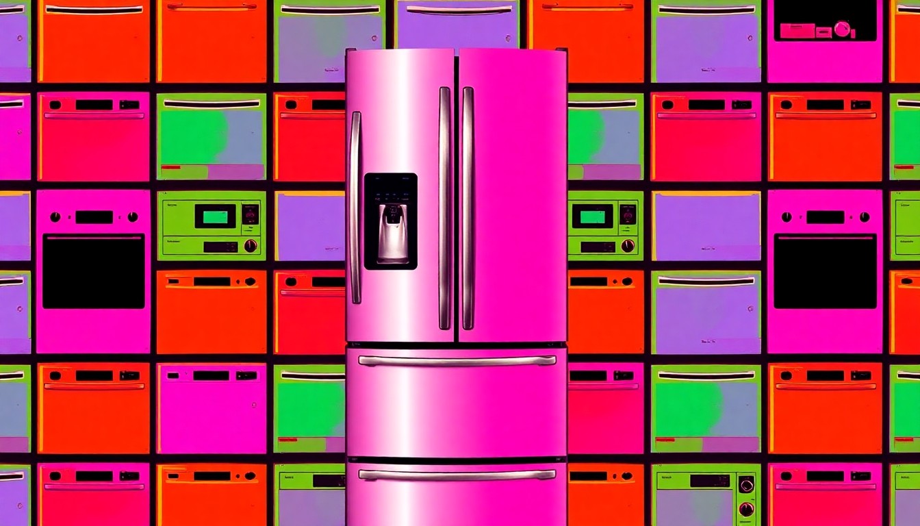 A brightly colored, high-contrast silkscreen print of a stainless steel kitchen appliance, such as a refrigerator, repeated in a tight grid pattern, conceptually representing the modern, well-appointed kitchen of the Kirkland condo.
