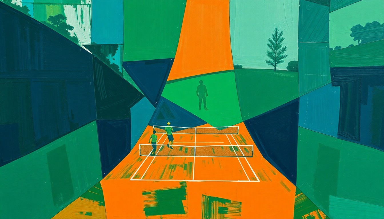 A cubist, geometric painting depicting a fragmented tennis court and players, with sharp planes of navy, green, and orange overlapping to create a dynamic, deconstructed visual representation of the team's struggles.