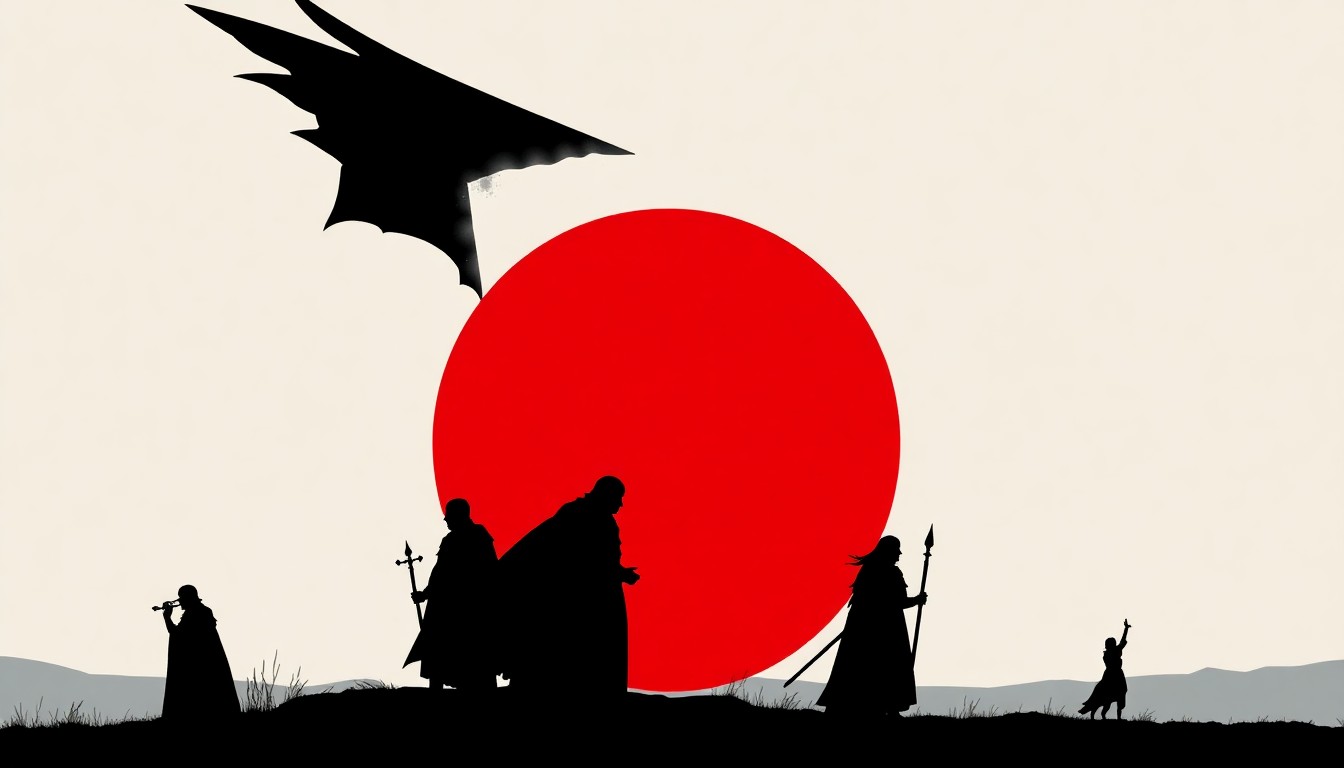A striking, minimalist illustration featuring bold, jagged black silhouettes against a vibrant red background, conceptually representing the independent production of a historical drama film.