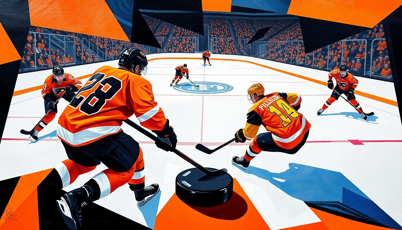 A cubist, geometric painting depicting an abstract hockey game between the Philadelphia Flyers and Pittsburgh Penguins, with the players' figures and the puck deconstructed into sharp, overlapping planes of vibrant orange, black, and blue.