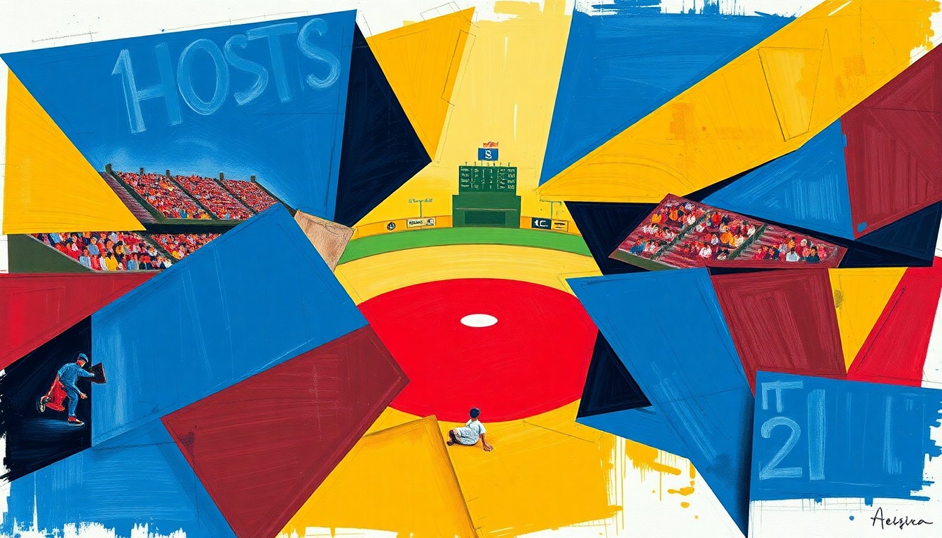A cubist-style painting featuring overlapping geometric shapes and planes in shades of blue, gold, and red, conceptually representing the competitive spirit and back-and-forth action of a baseball game between Hofstra and Stony Brook universities.