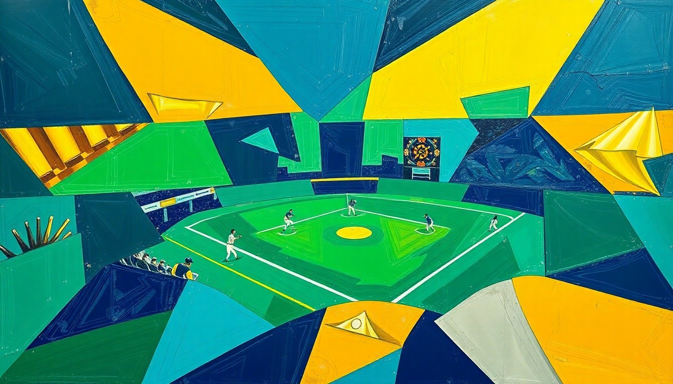 A cubist-style painting depicting a softball game broken down into sharp, overlapping geometric shapes in a vibrant color palette, conveying the dynamic nature of the sport and the unique perspectives of the players.