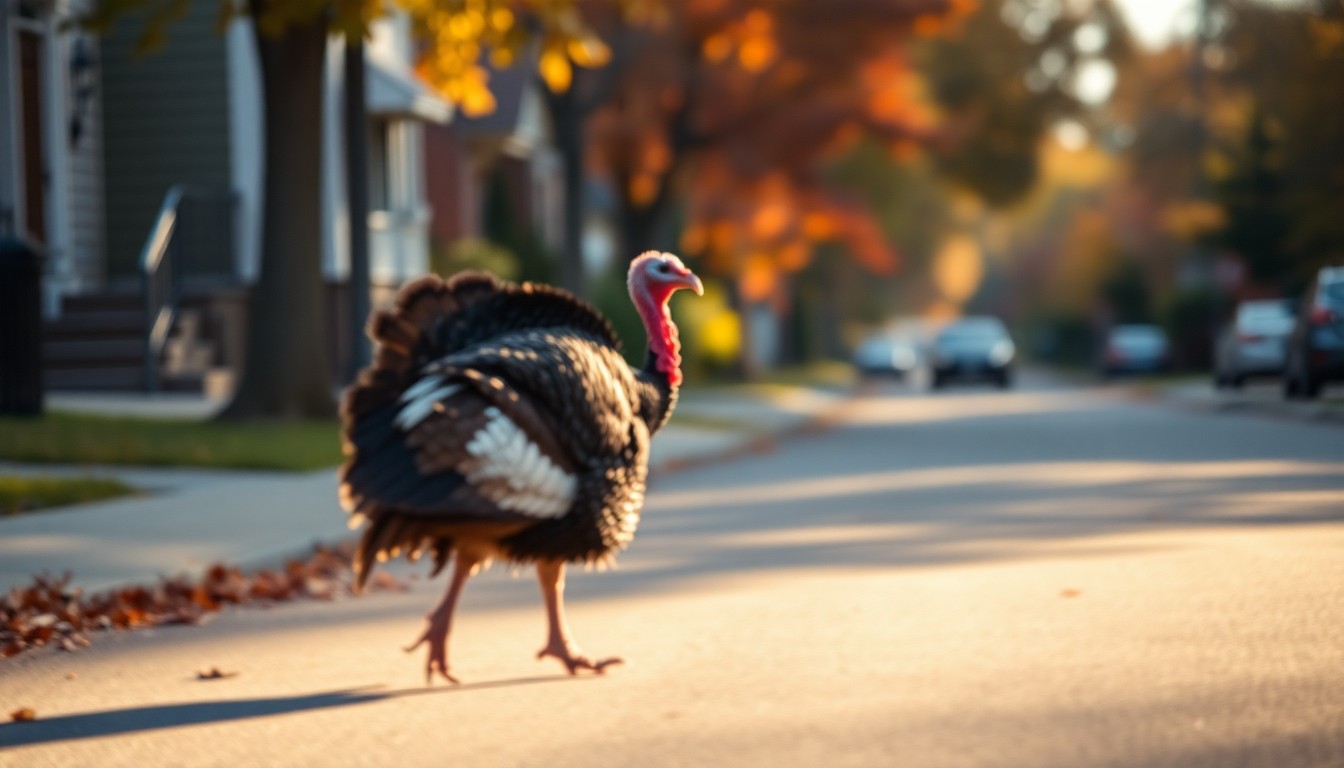 An extremely abstracted, out-of-focus photograph of a wild turkey walking down a residential street, composed entirely of soft pools of warm autumn light and color.