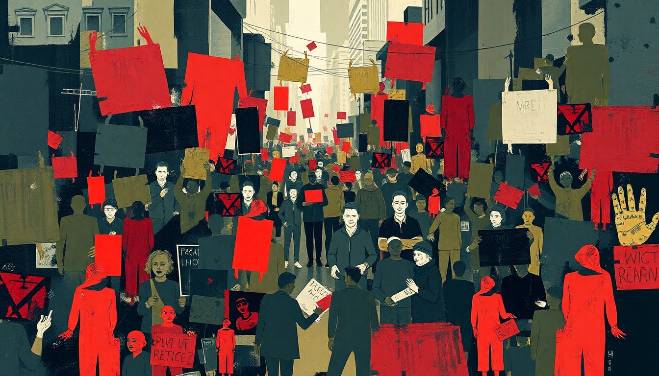 An abstract, expressionistic painting with overlapping, fragmented brushstrokes in dark blue, olive green, and crimson red, conveying the chaotic energy and tension of a street protest scene.